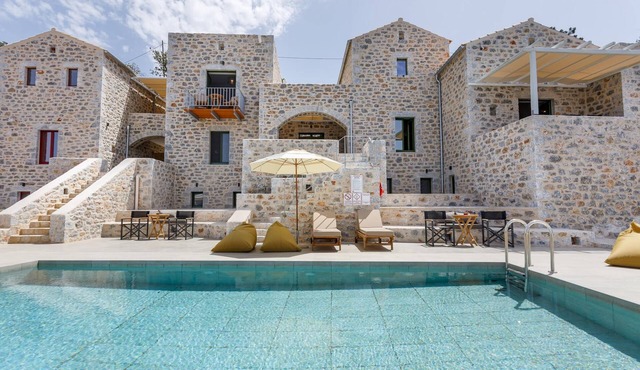 Villa POSEIDON with a shared pool, situated on a hill overlooking the sea, in the Peloponnese in Limeni/Lakonia